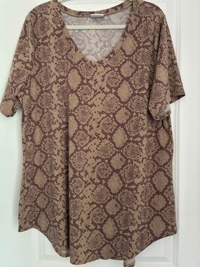 LuLaRoe Taupe and Brown Snake Print V-Neck Short Sleeve Top